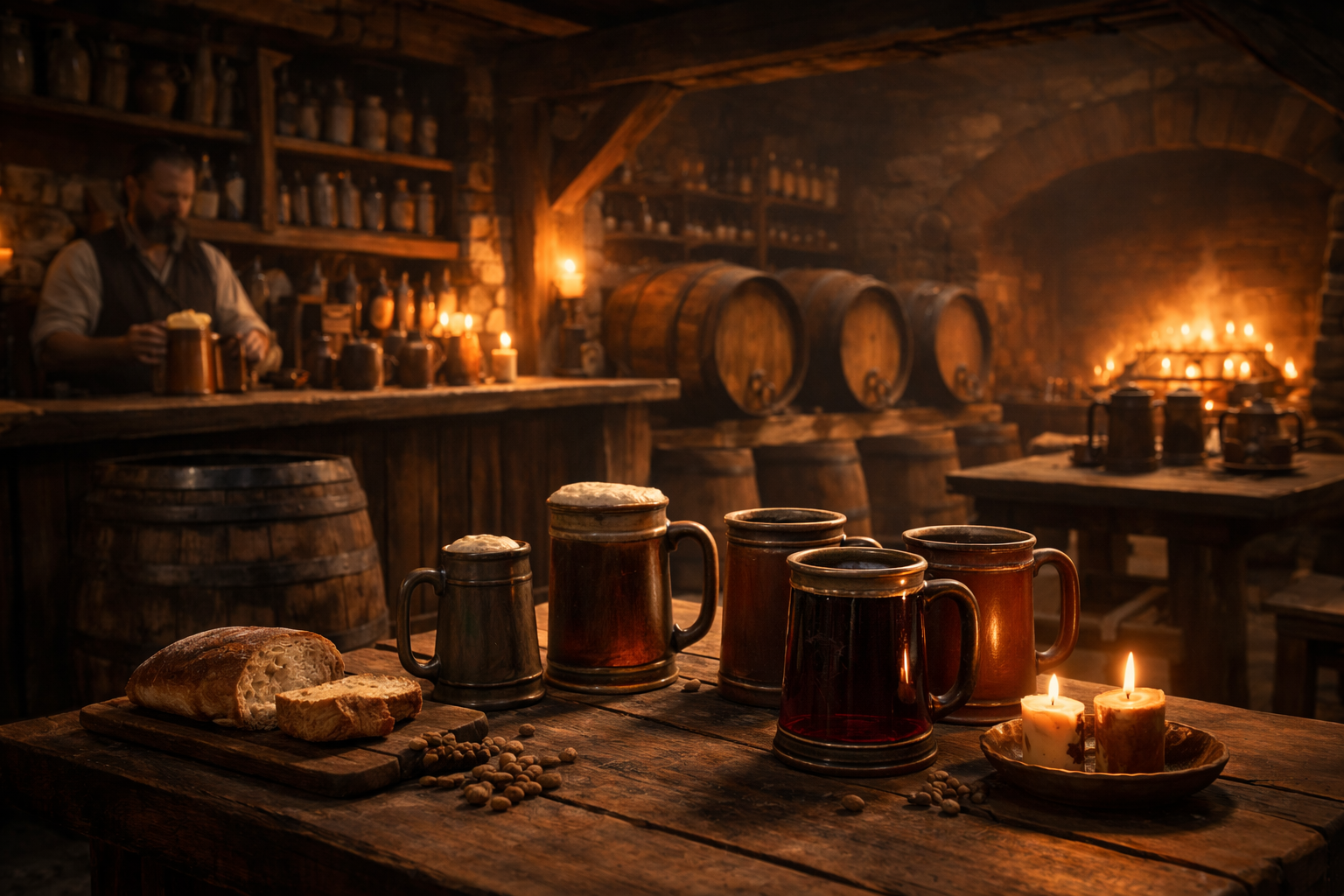 Mittelalterliche Gastwirtschaft mit Krügen und Fässern